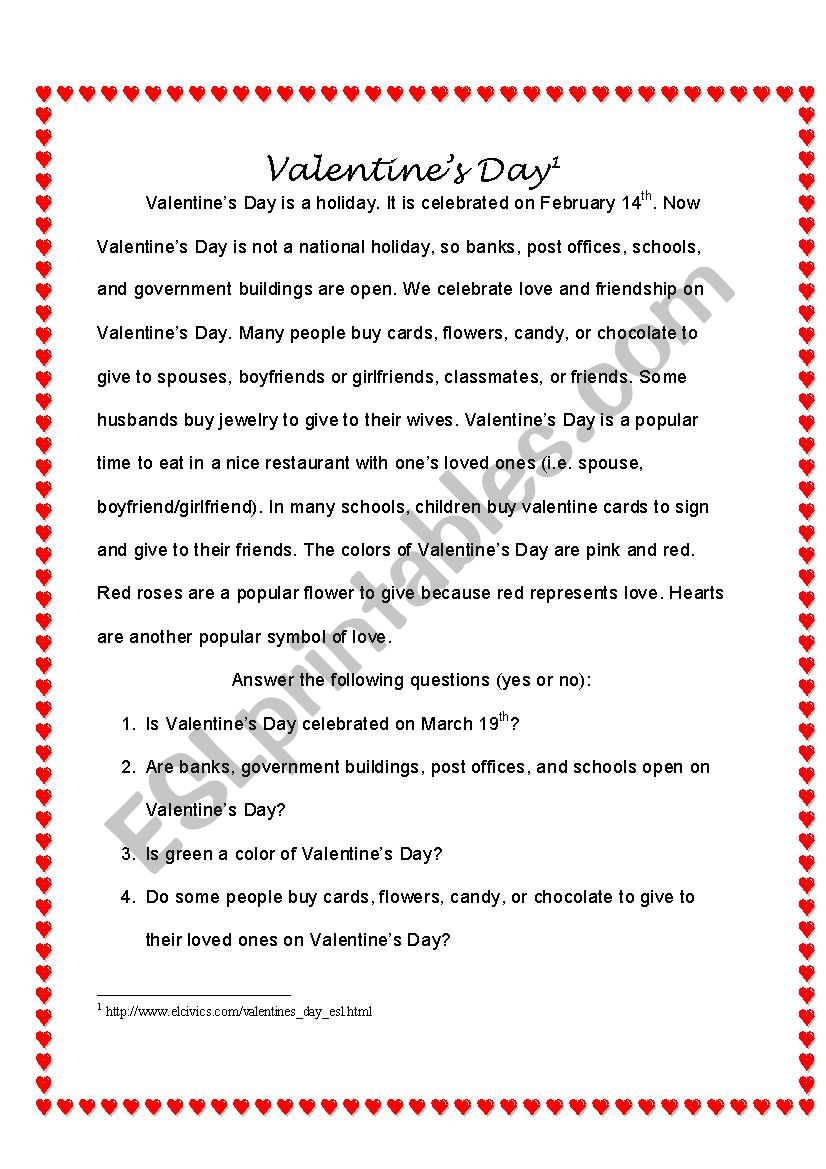 Valentines Day Reading and Questions