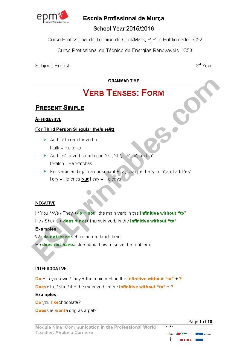 Verb tenses: form worksheet