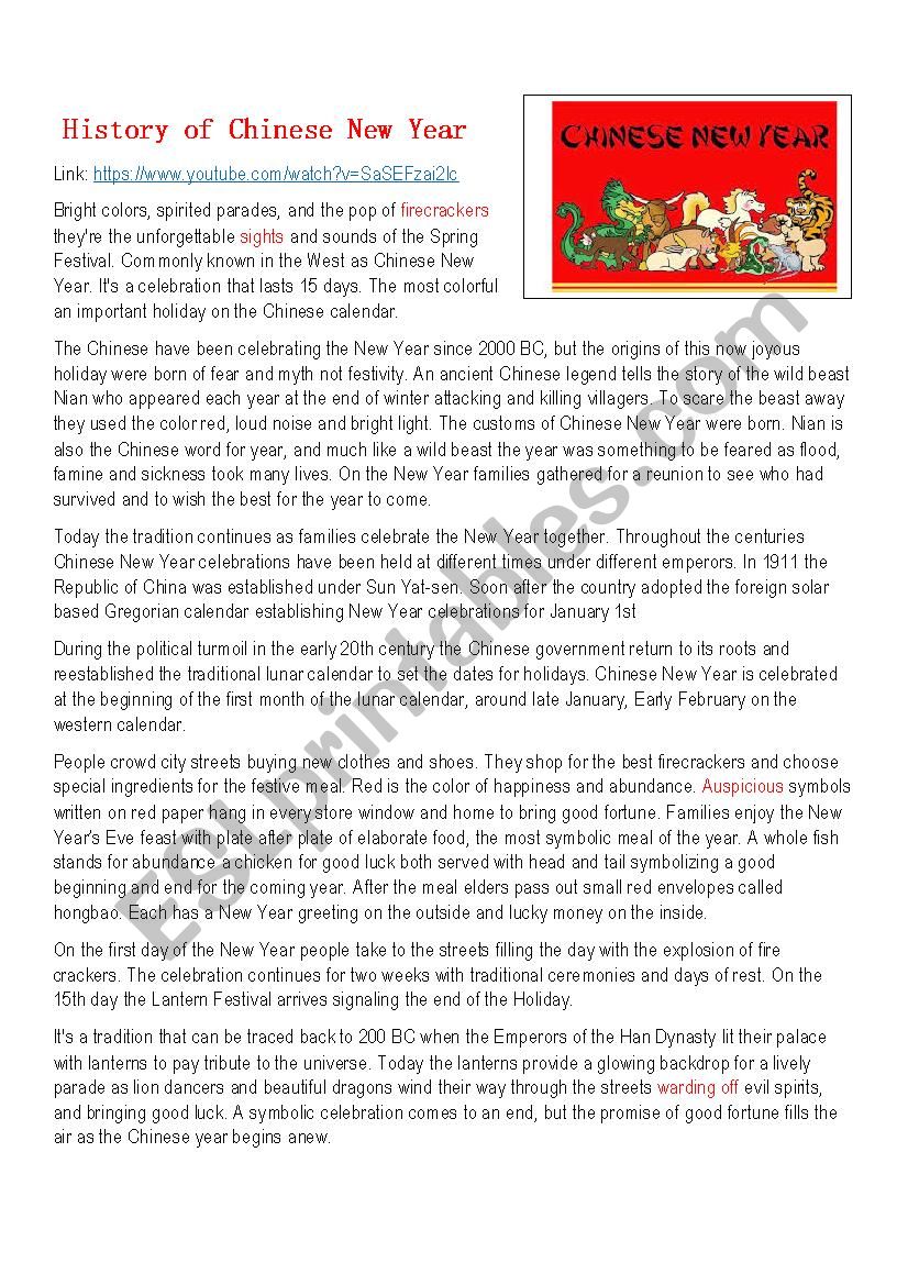 History of Chinese New Year worksheet