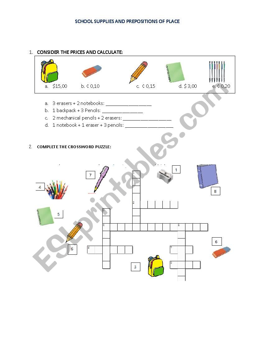 School supplies and prepositions of place