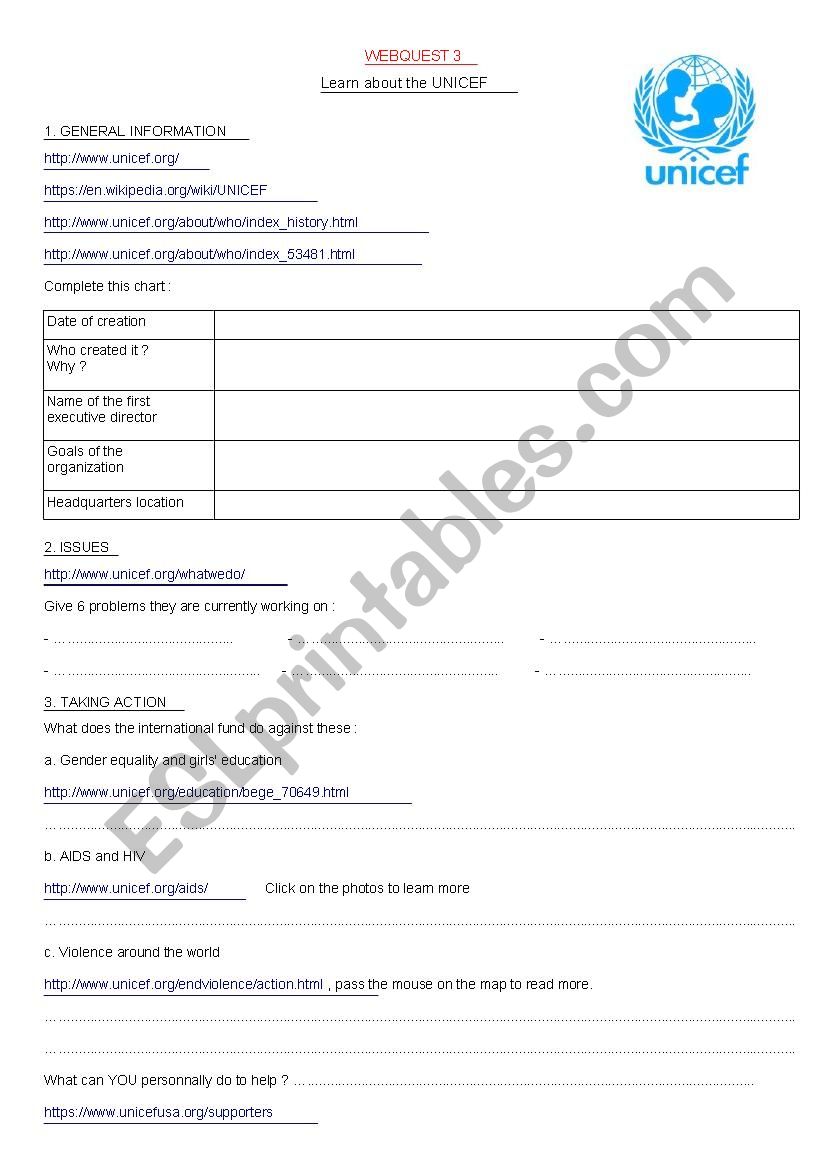 WEBQUEST UNICEF worksheet