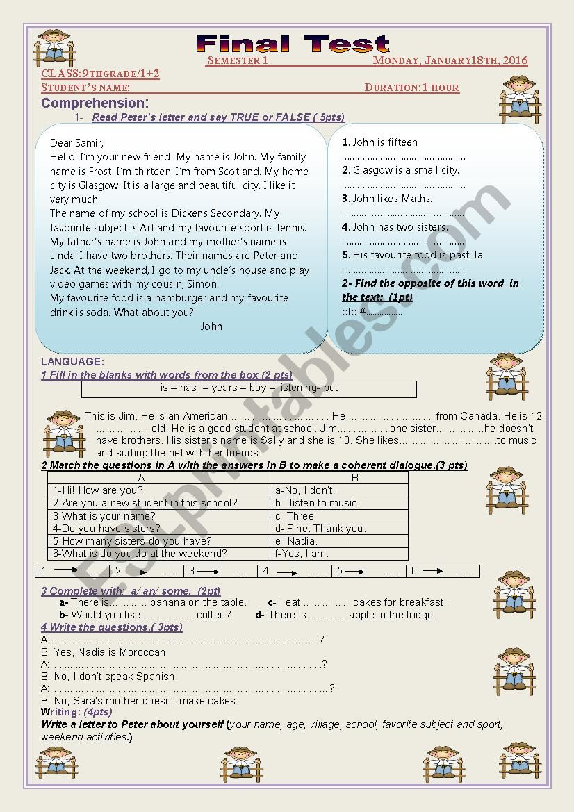 Test for 9th grade worksheet