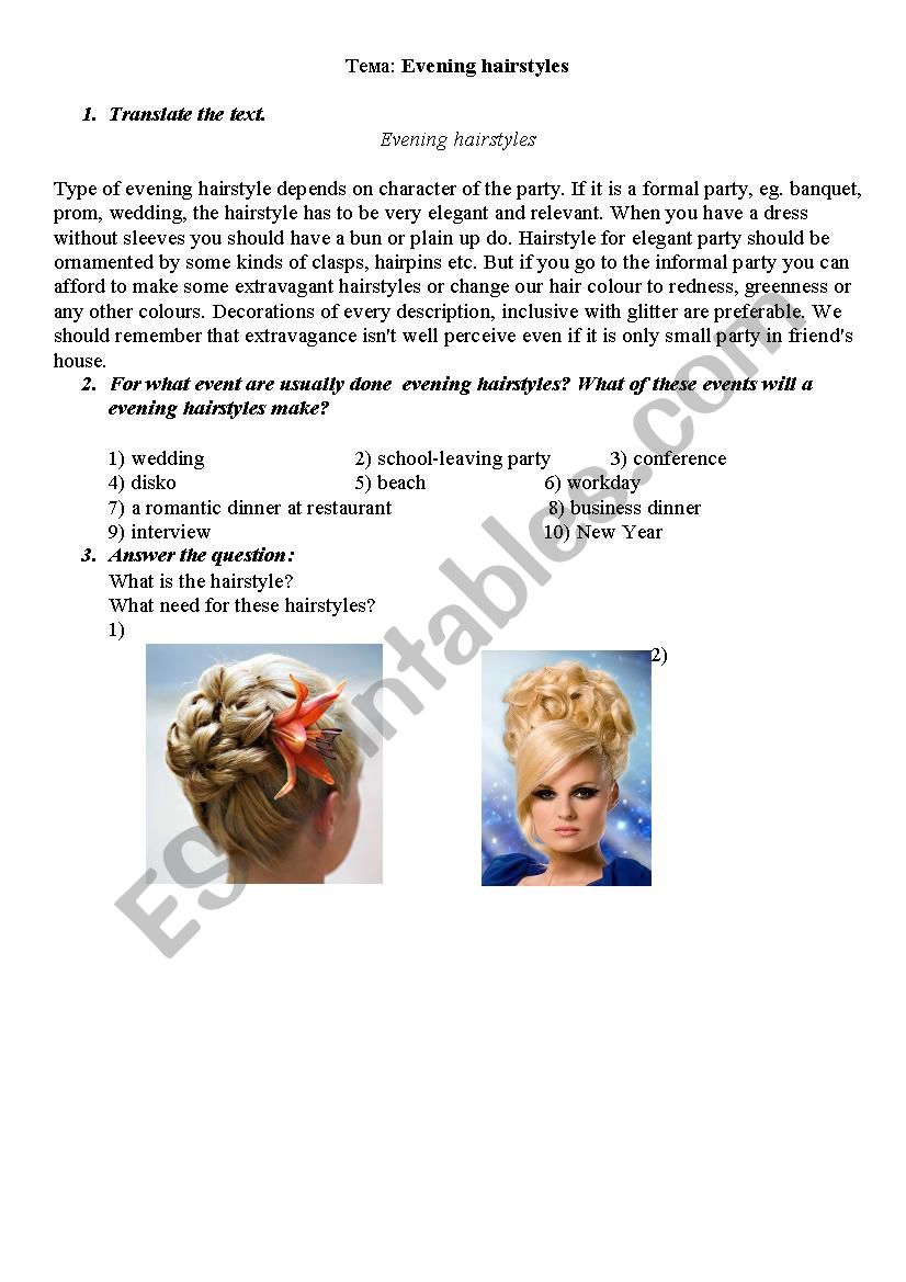 evening hairstyles worksheet