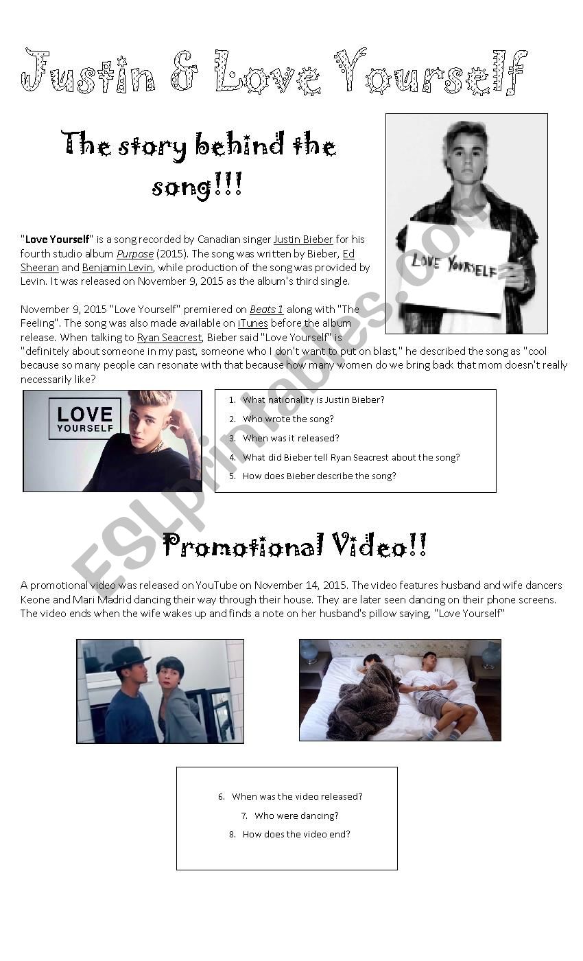 2 pages of Reading & Speaking Activity - Song Love yourself