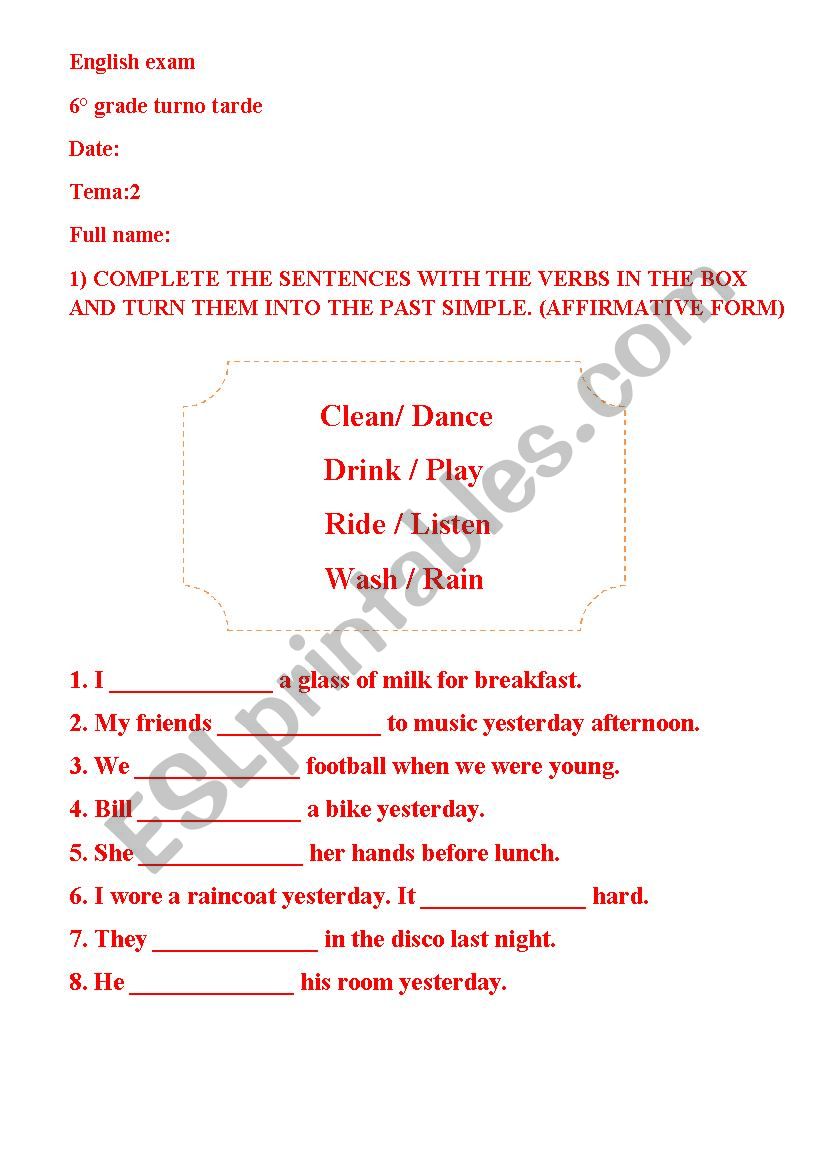 english exam past simple worksheet