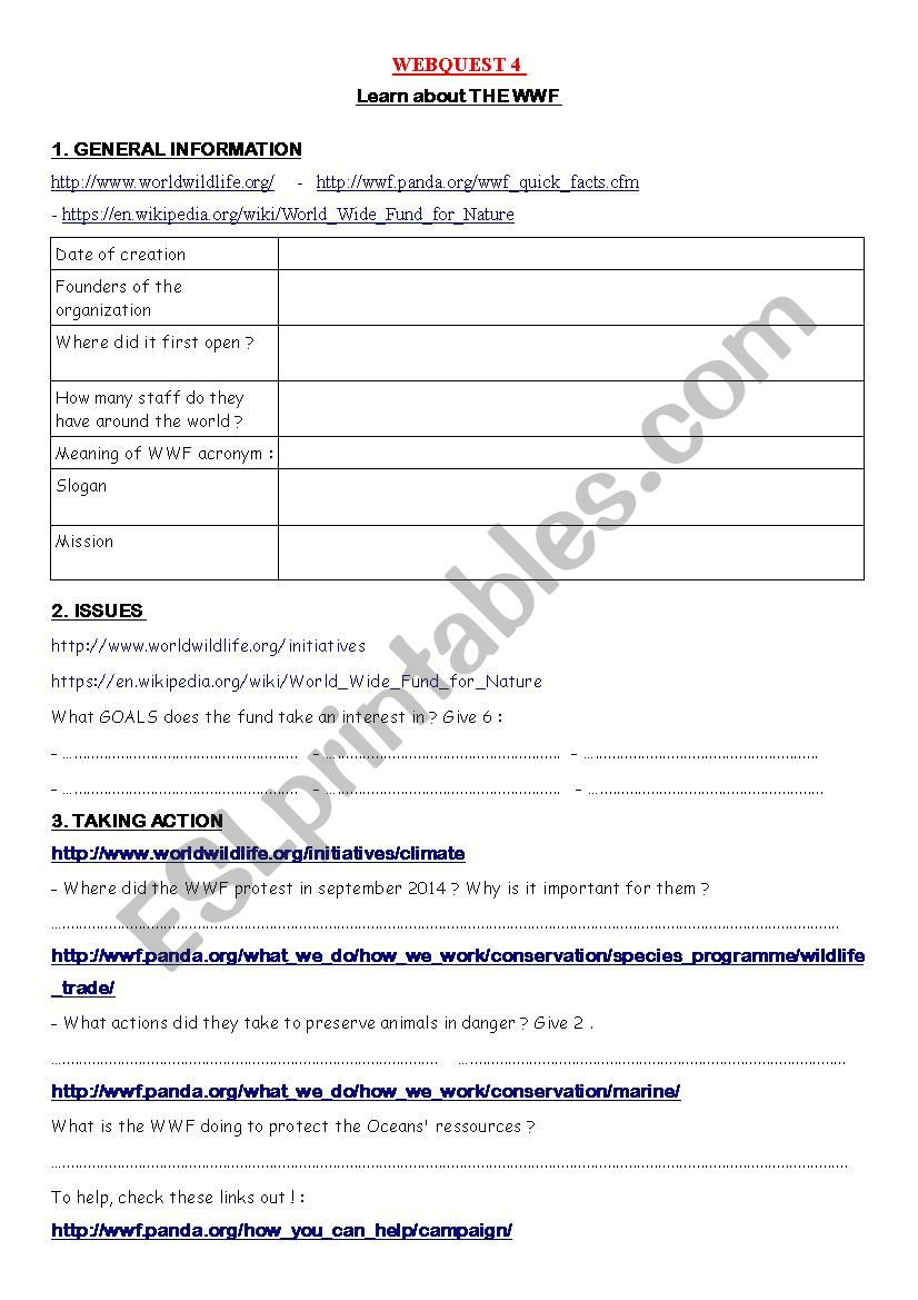 WEBQUEST WWF worksheet