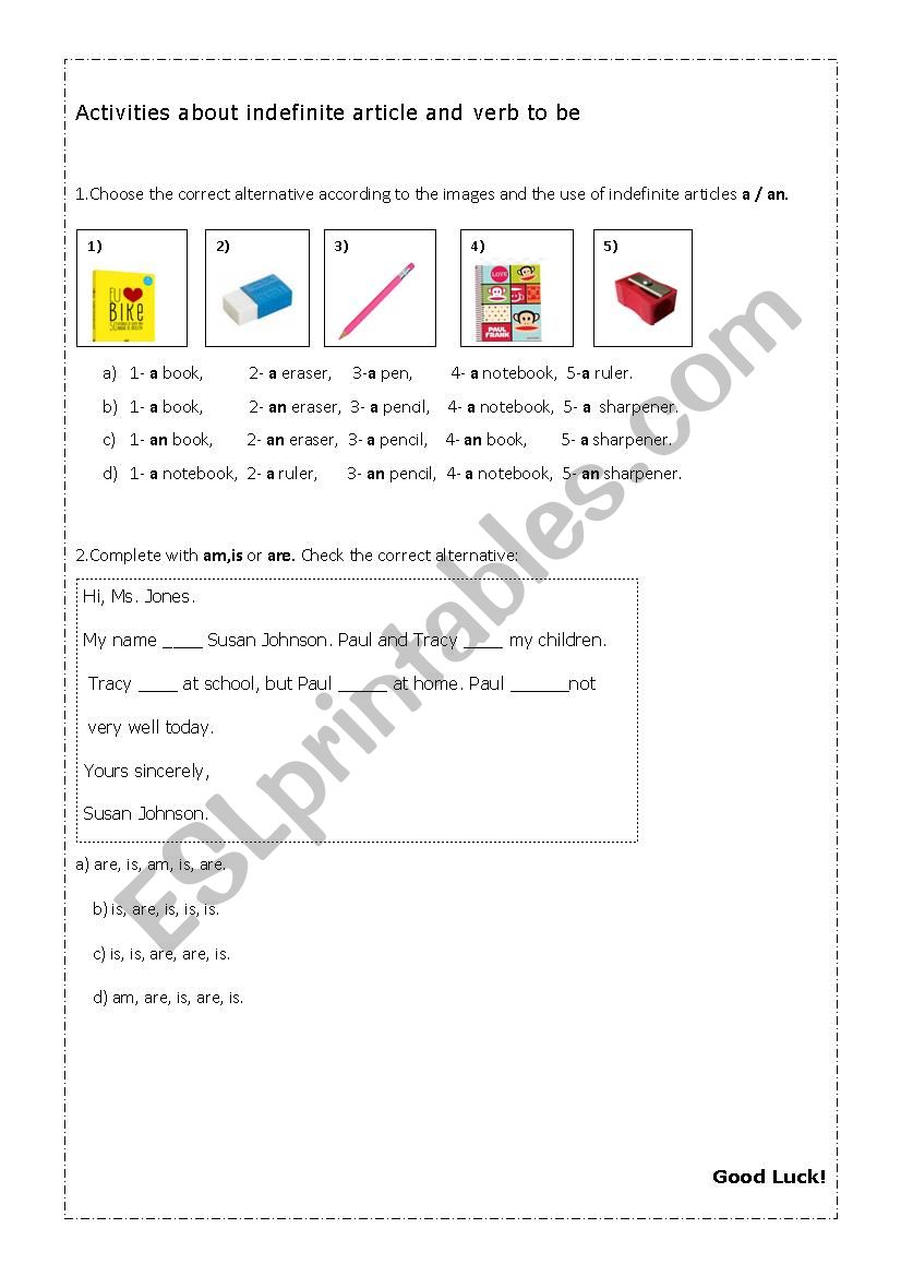 Indefinite Article and Verb to be