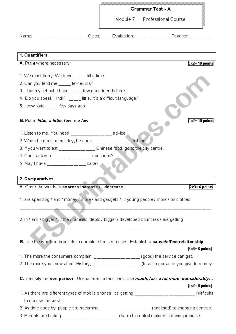 Grammar test about Quantifiers, Comparatives, the gerund, noun formation and clauses of purpose.