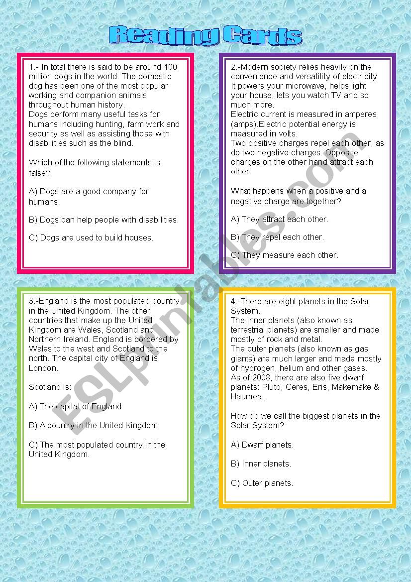 Reading Comprehension Cards worksheet