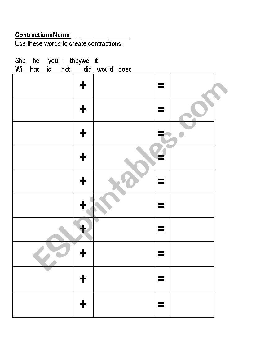 Contractions Practice worksheet