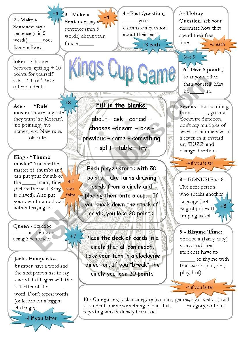 Kings Cup Or Circle Speaking Game Esl Worksheet By Megafreedom