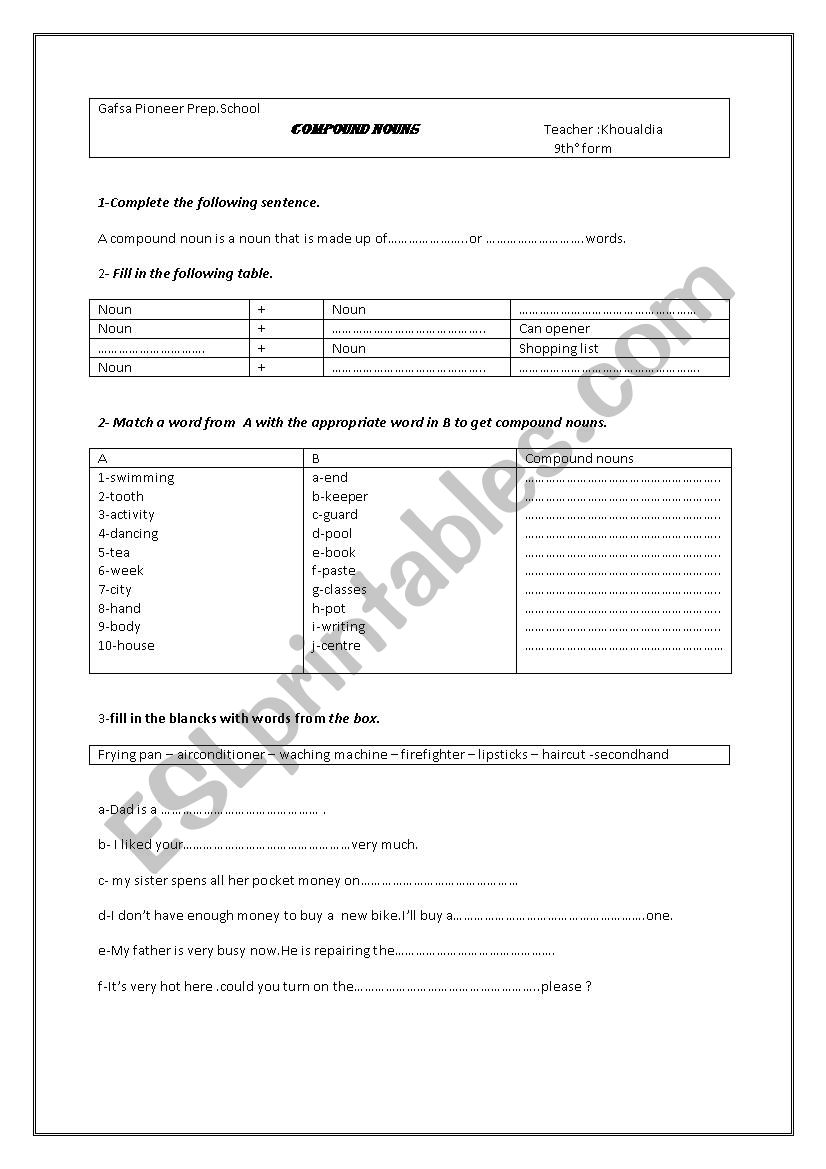 compound nouns worksheet