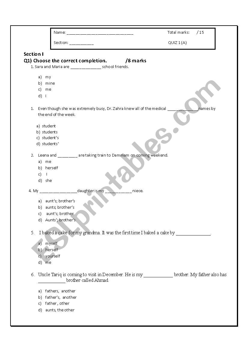 Nouns and pronouns Quiz  worksheet