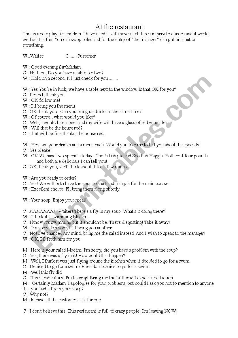 Restaurant role play worksheet