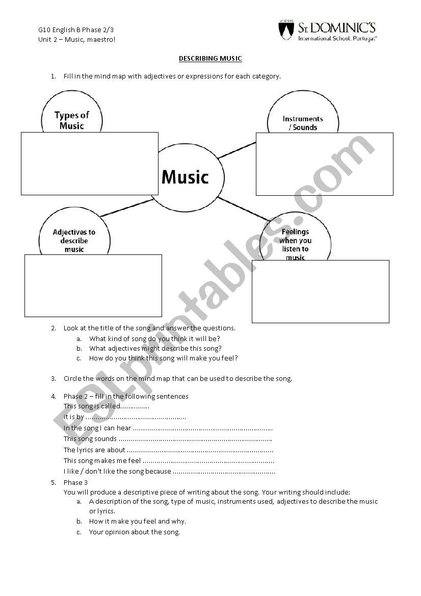 describing music worksheet