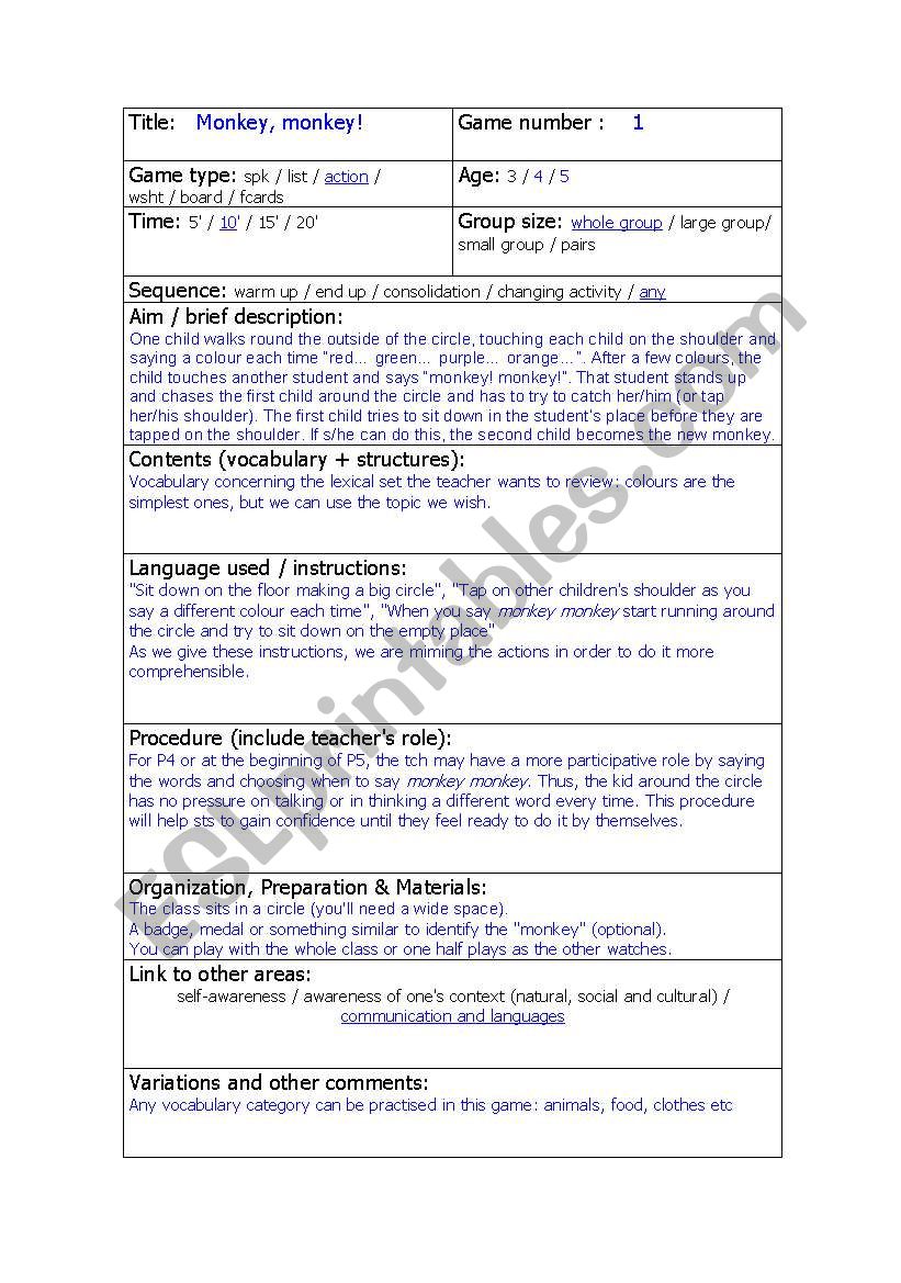 activity plan Monkey Monkey worksheet