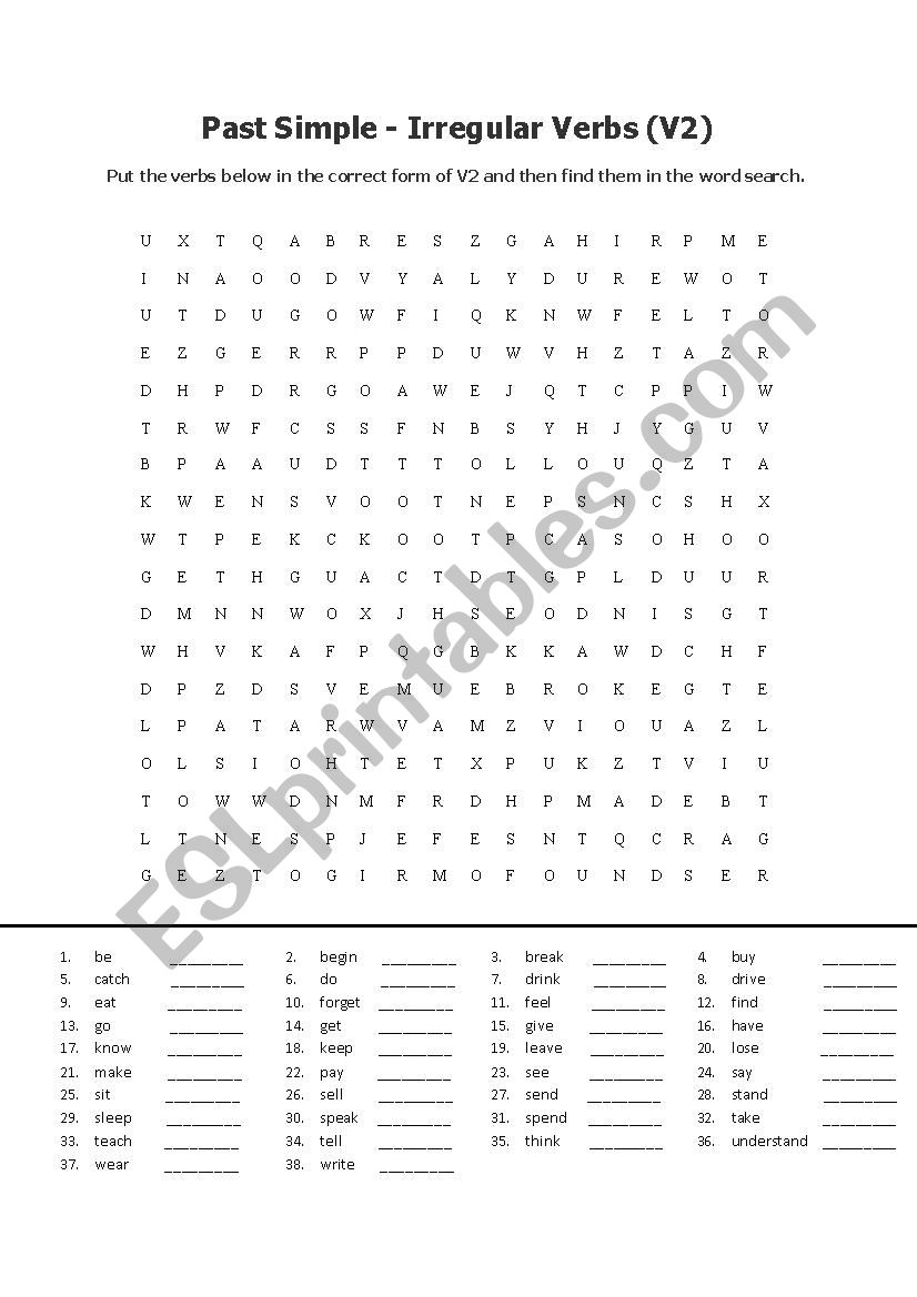 Past Simple - word search worksheet