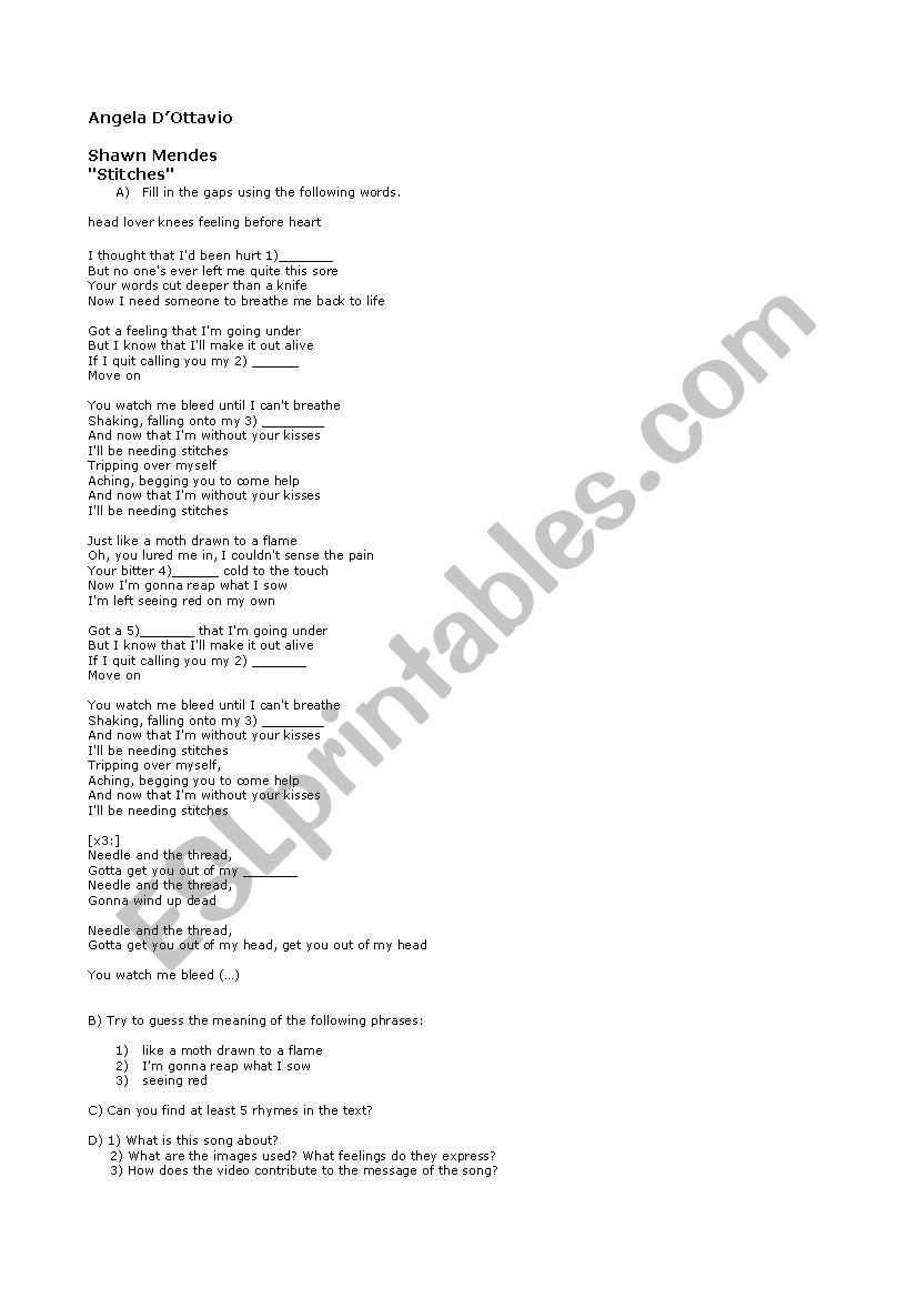 Stitches by Shawn Mendes worksheet