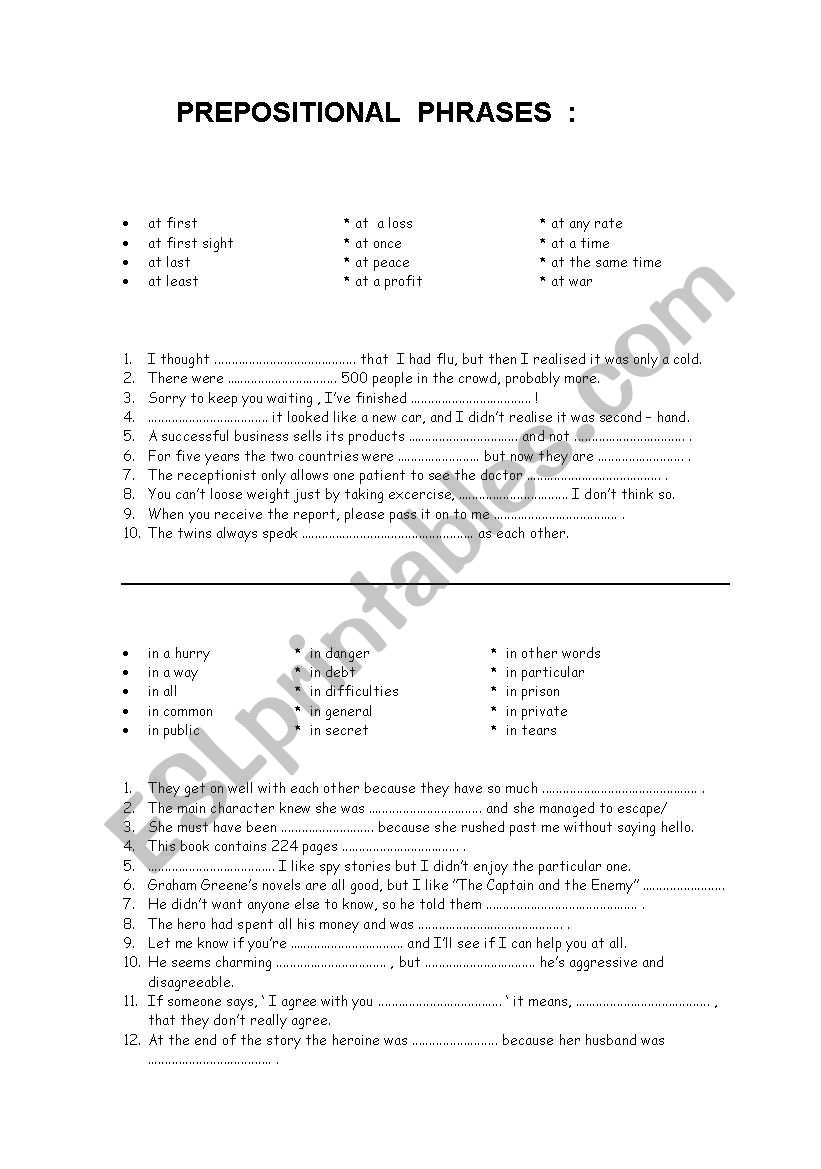 Prepositional Phrases worksheet