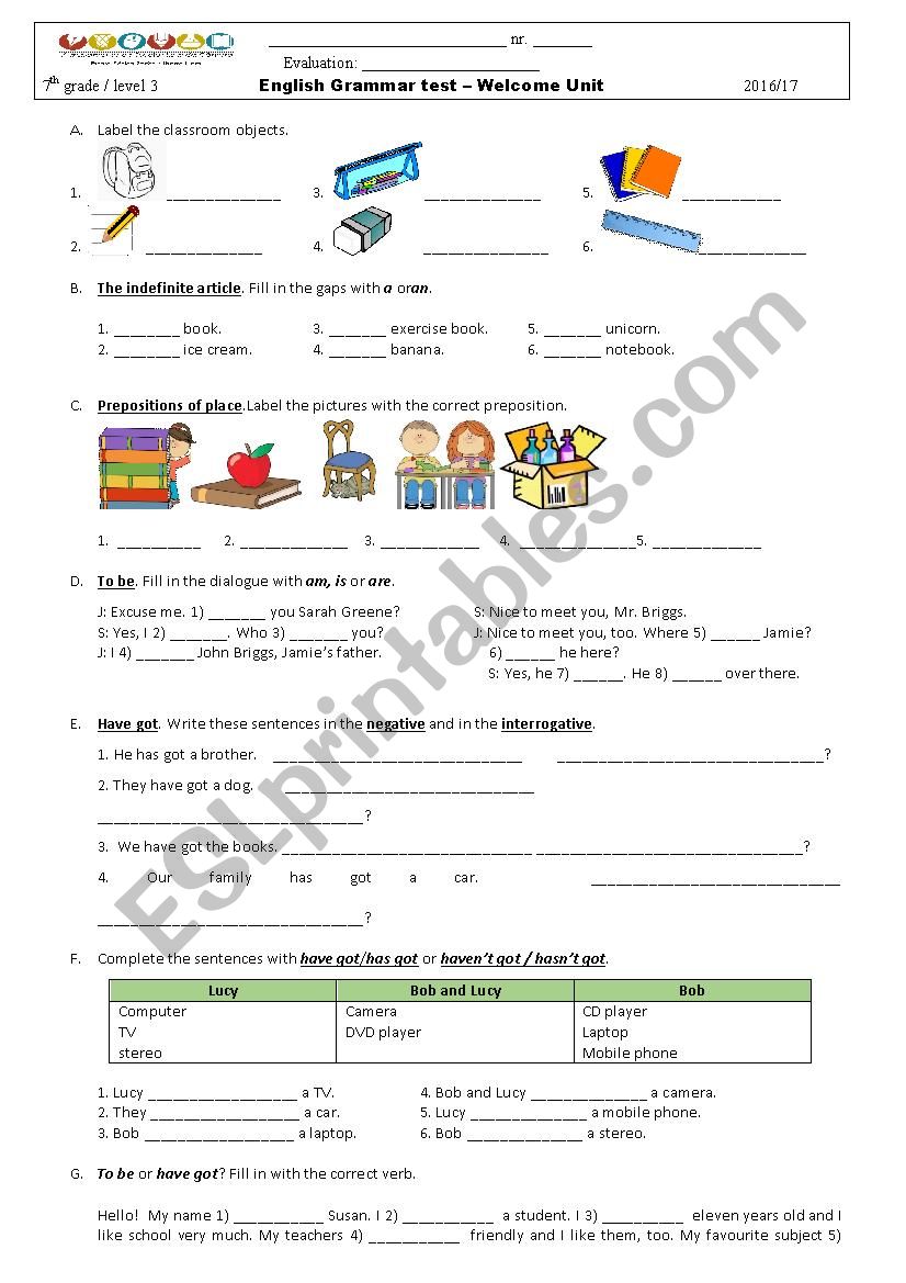 Welcome unit revision worksheet or test