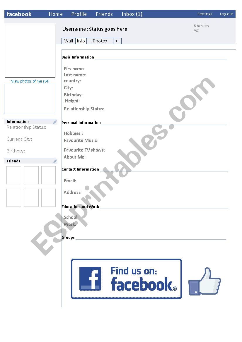 My profile - Facebook worksheet