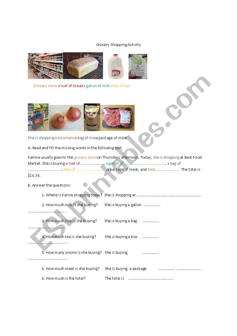 Grocery Shoping Activity worksheet