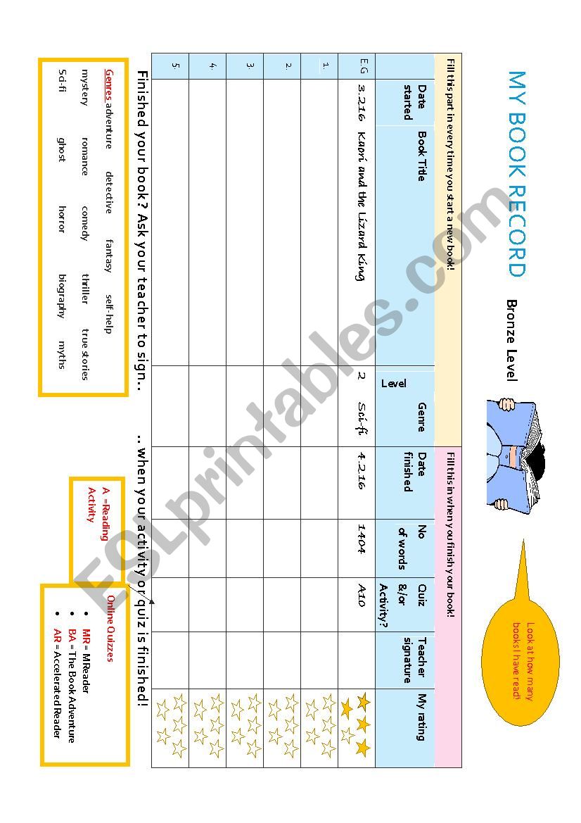 Book Reading Record worksheet