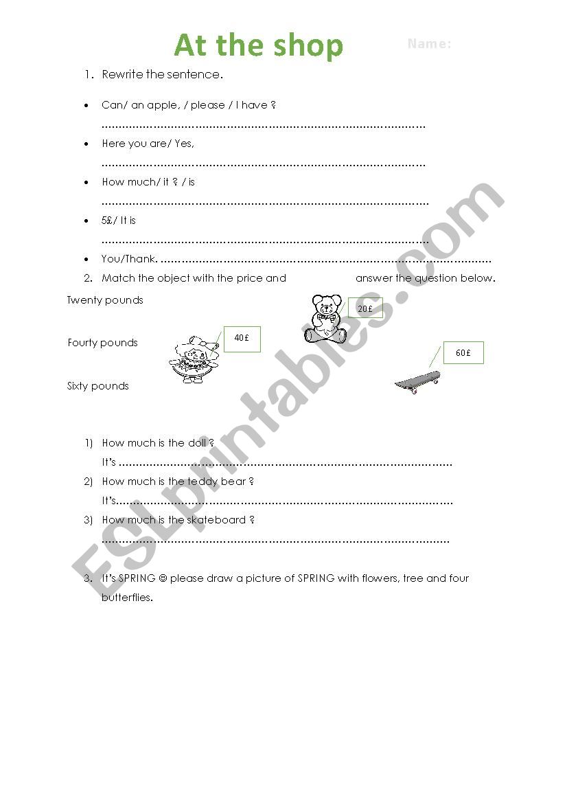 at the shop worksheet