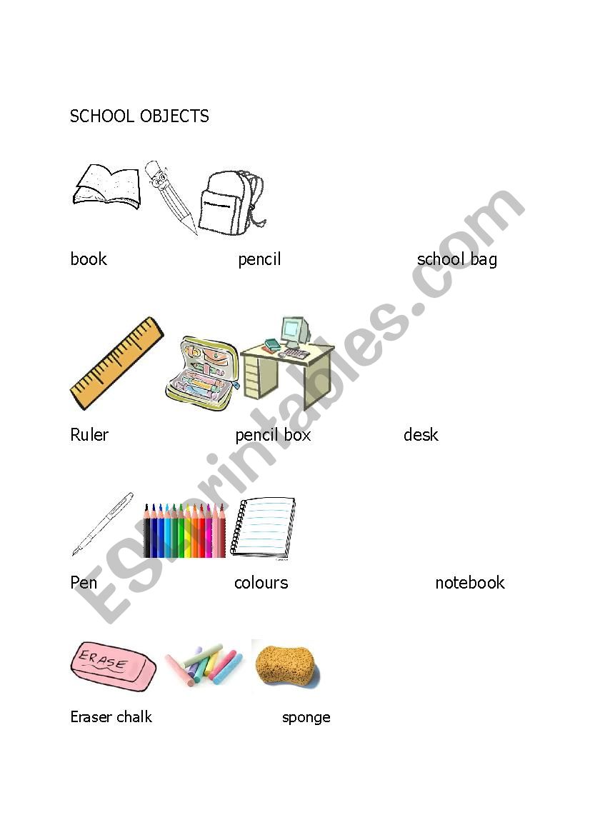 school objects worksheet