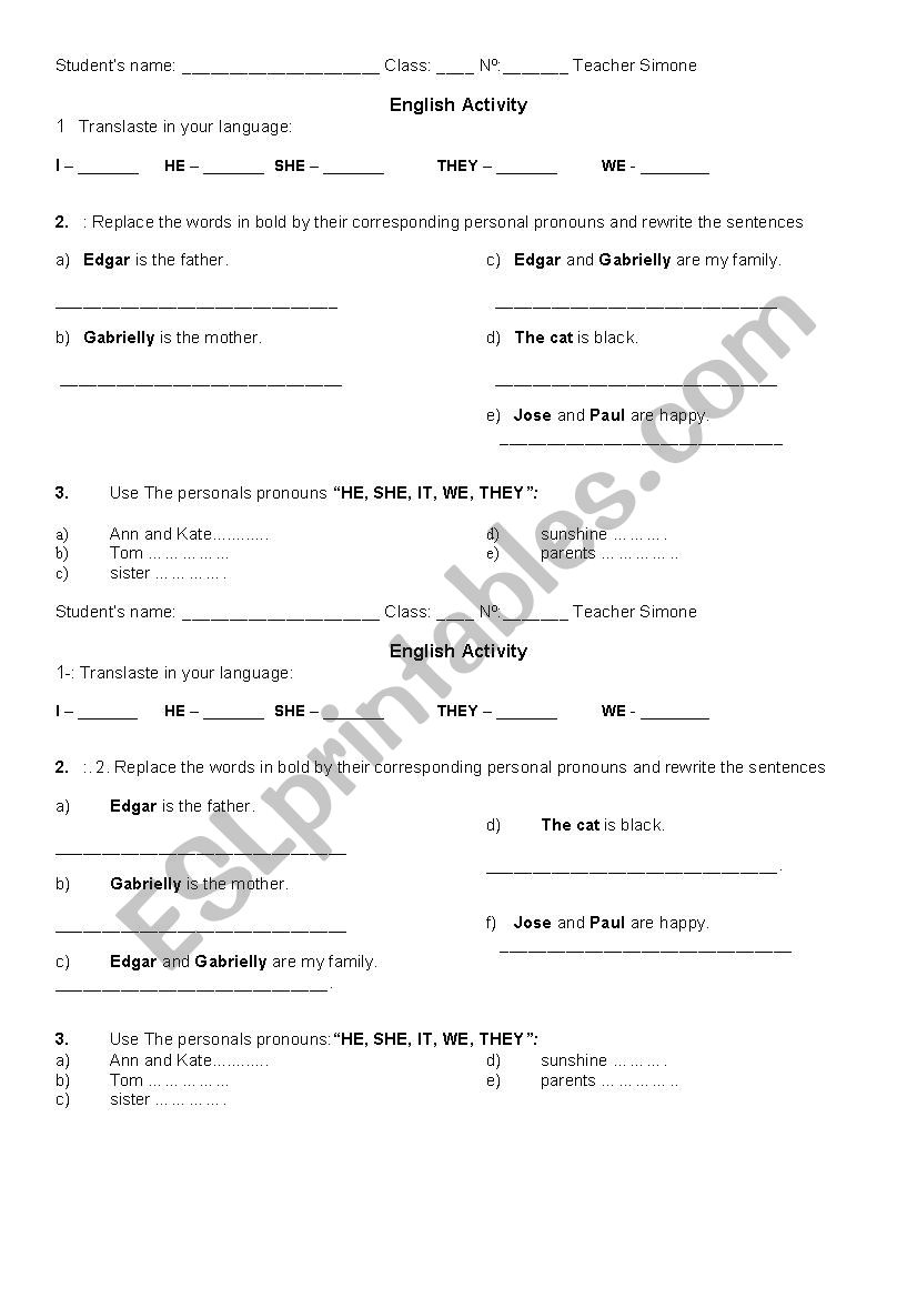 Activity with personal pronouns