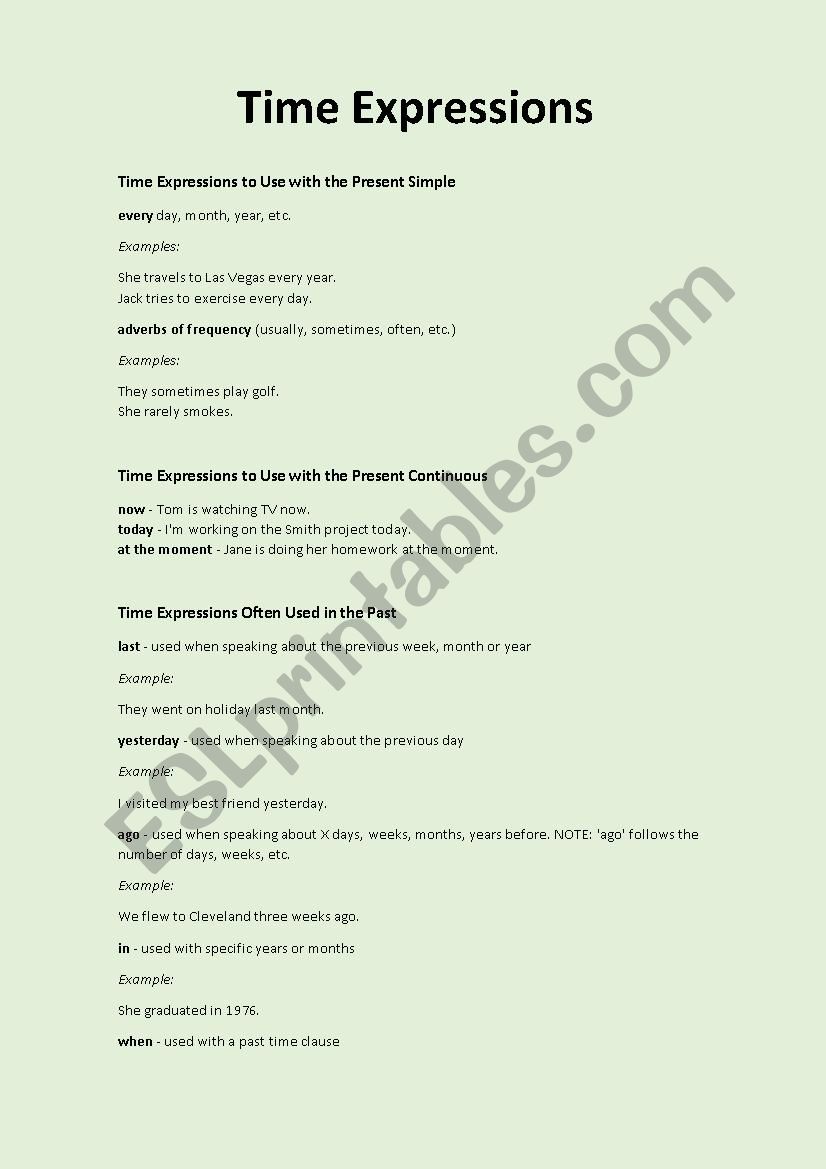 Time expressions worksheet