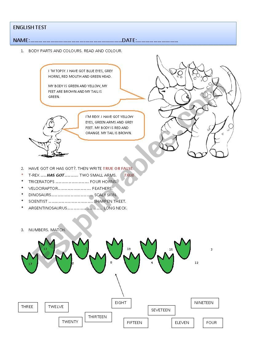 Dinosaurs test worksheet
