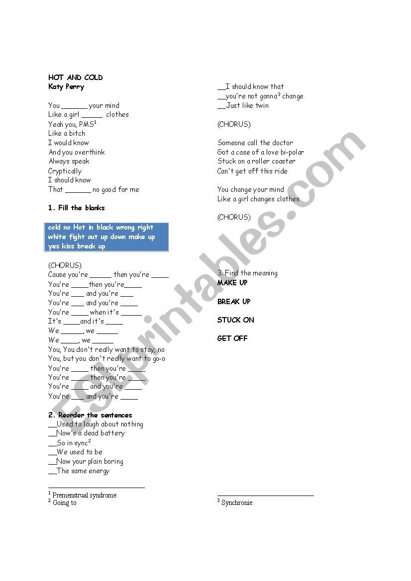 Hot and col worksheet