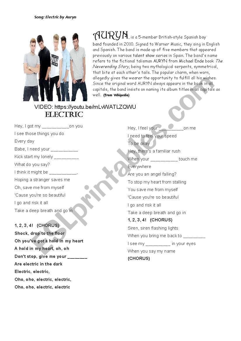 Song Electric by Auryn worksheet