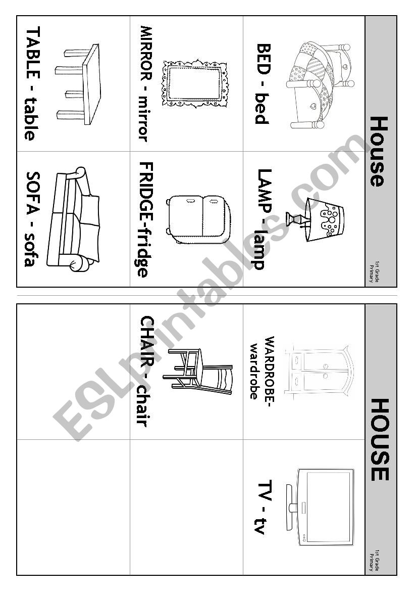 Objects in a house Flashcards worksheet