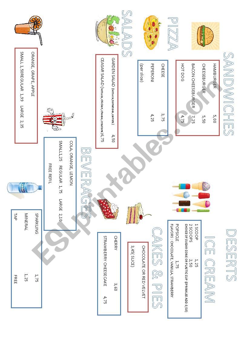 Kids Menu worksheet