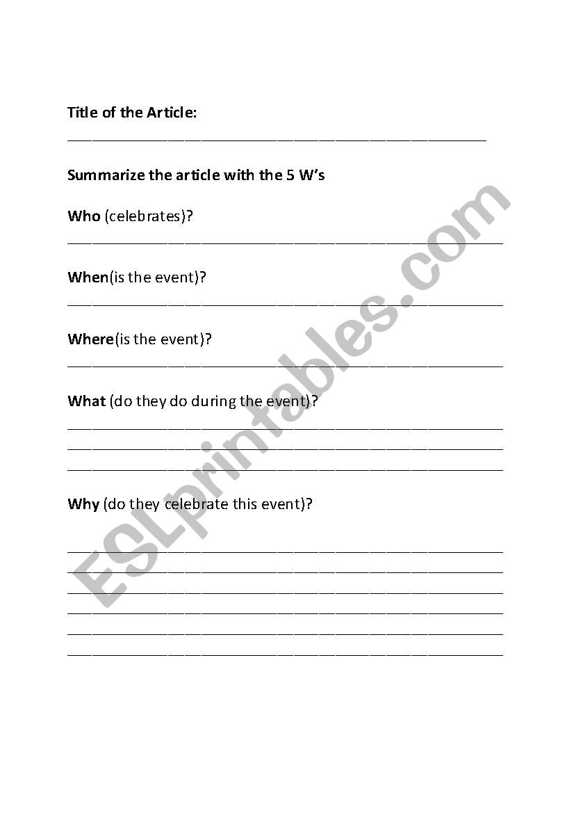 Graphic Organizer using the 5 Ws after reading a newspaper article