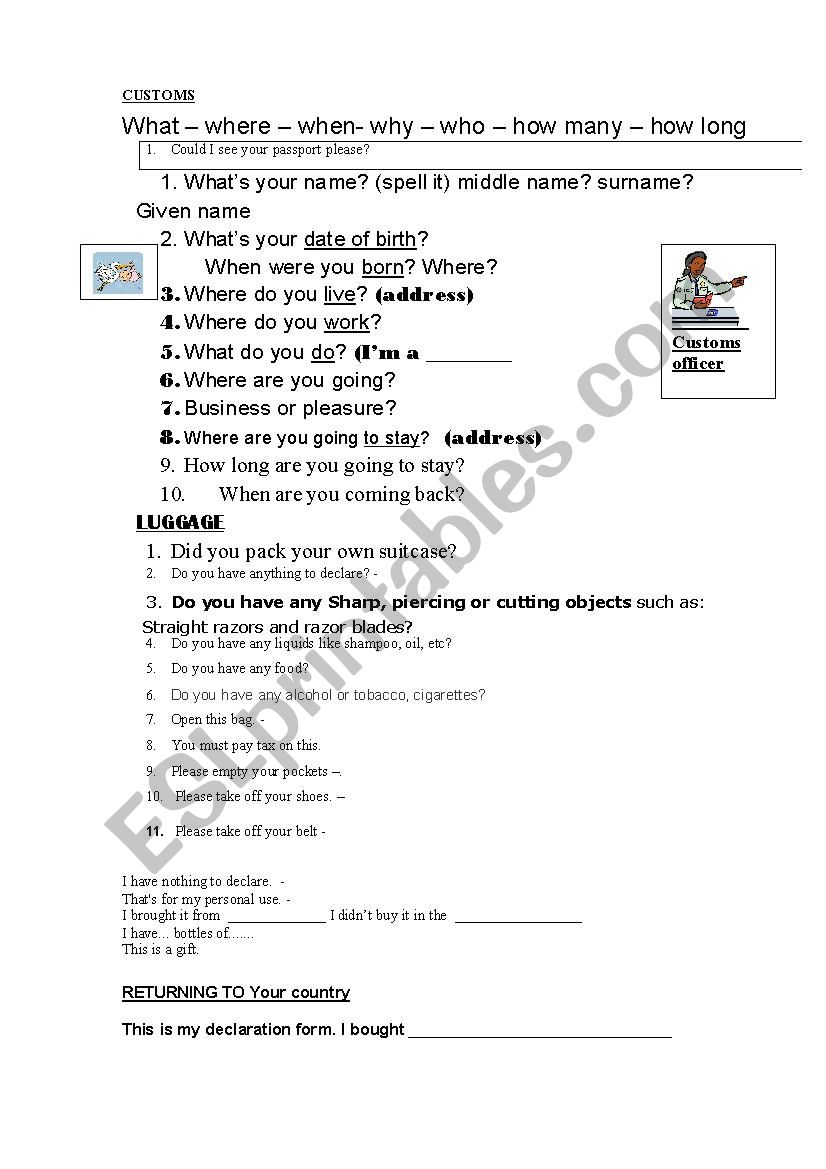 CUSTOMS at Airport worksheet