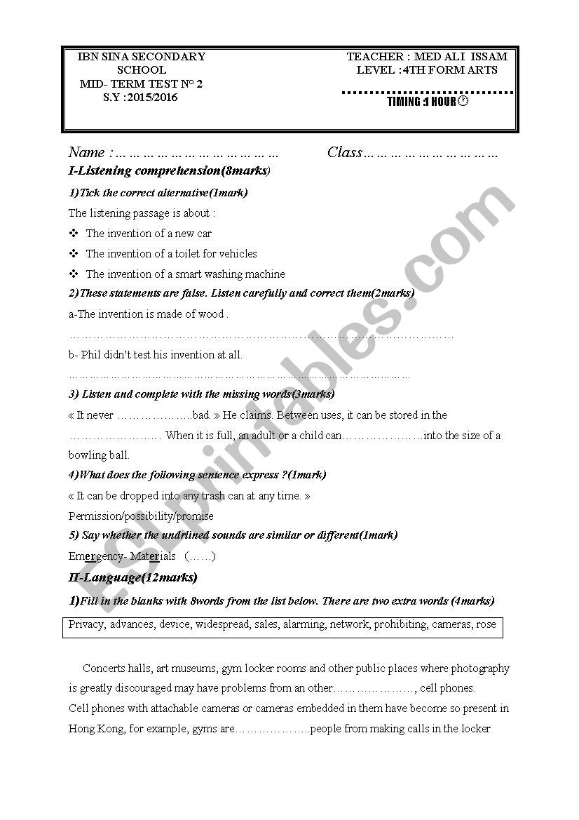 Mid term tes n2 4th form worksheet