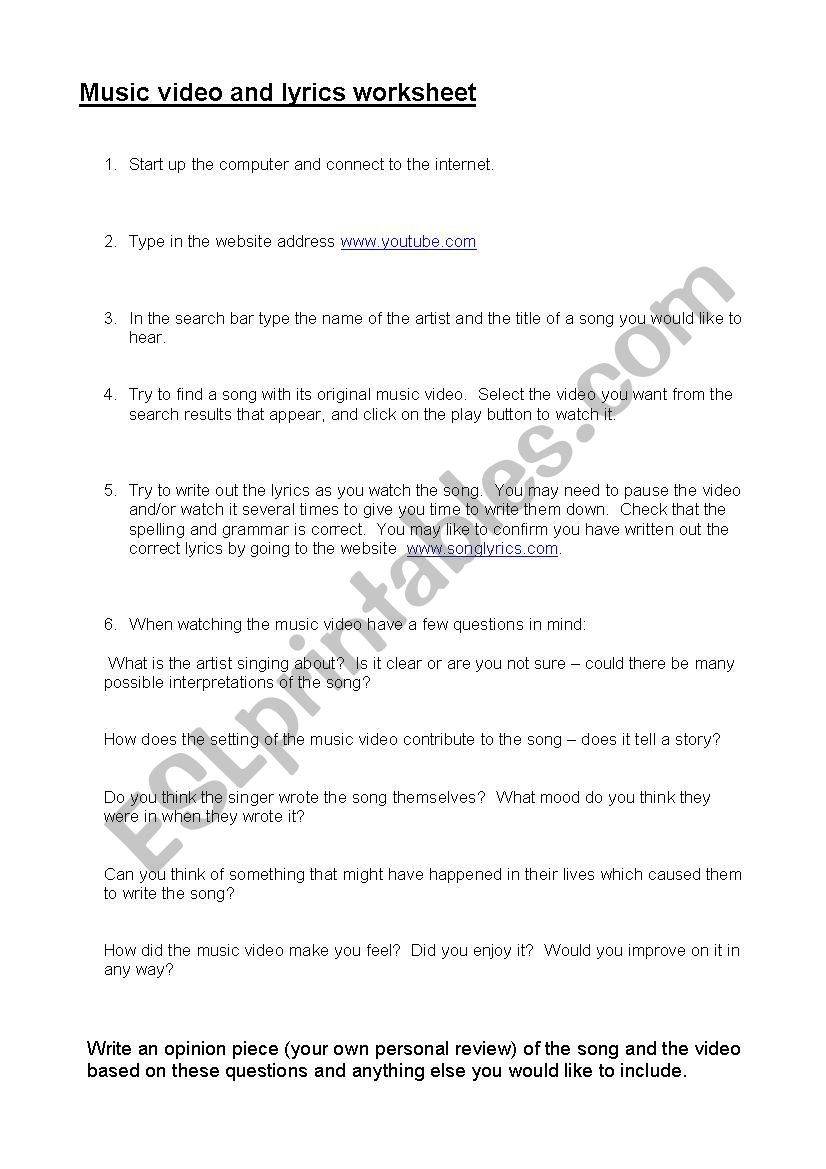 Song Lyrics Worksheet worksheet