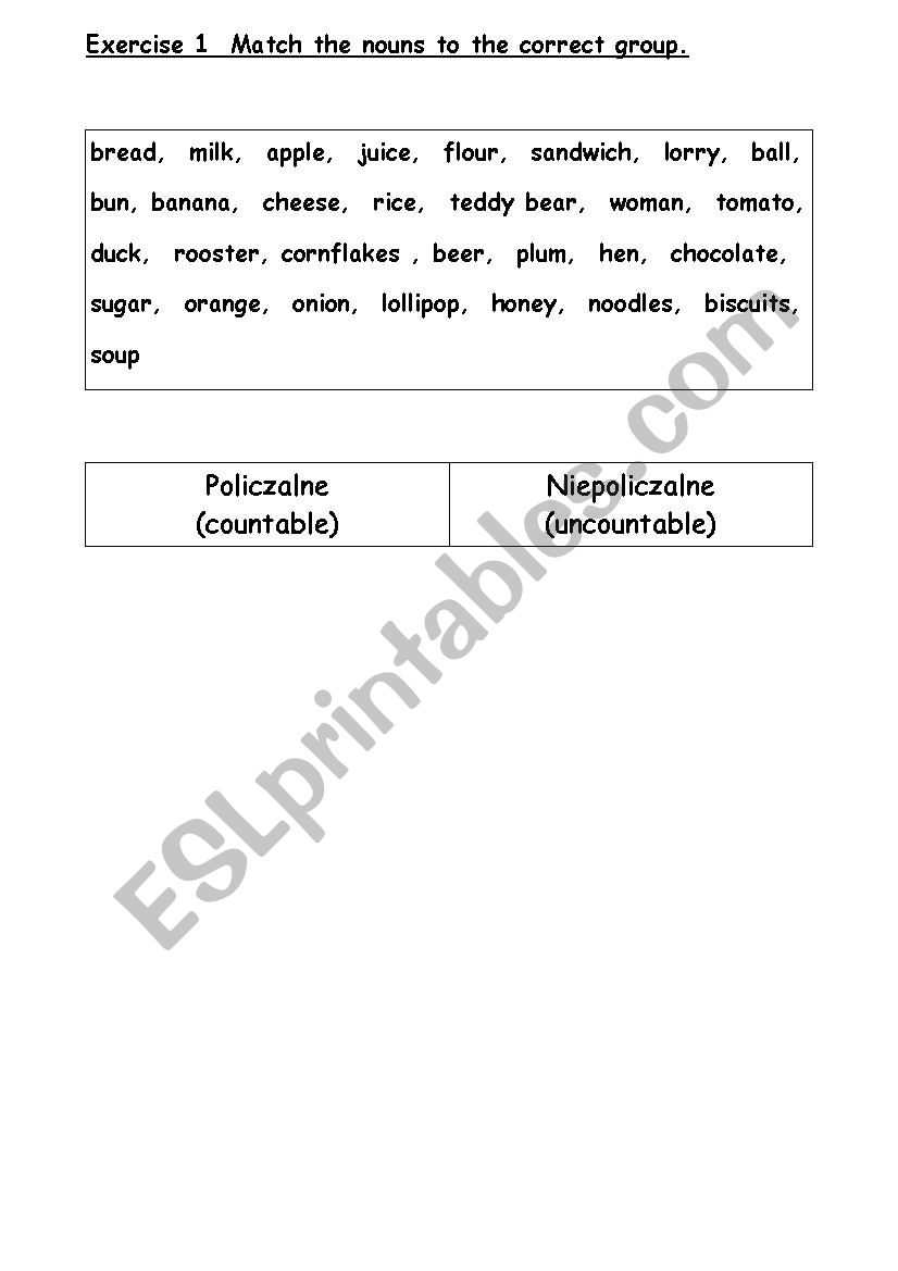 Food -countable/uncountable worksheet