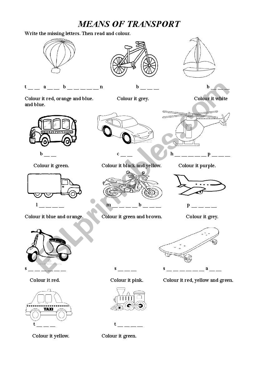 Means of transport b&w worksheet