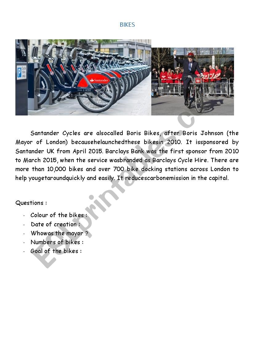 bikes in London worksheet