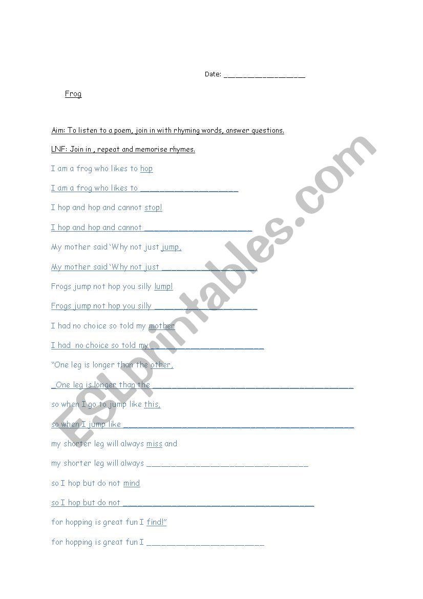 Frog Poem worksheet