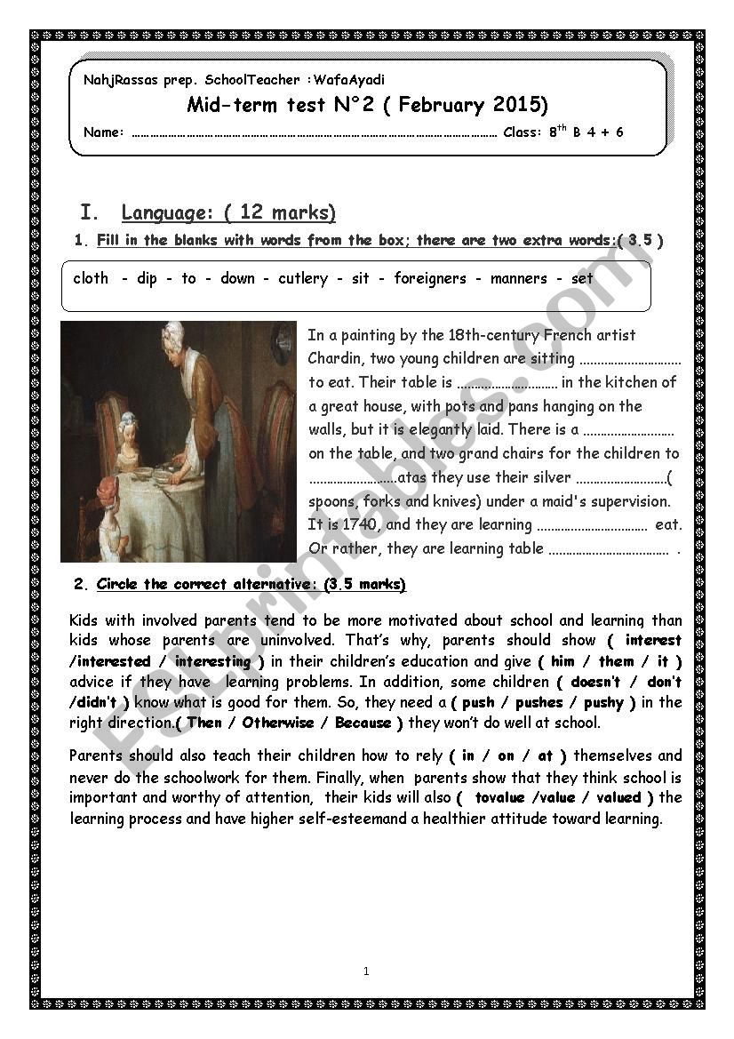 8th form mid-term test NÂ°2 worksheet