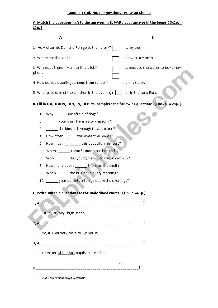 wh questions - present simple worksheet