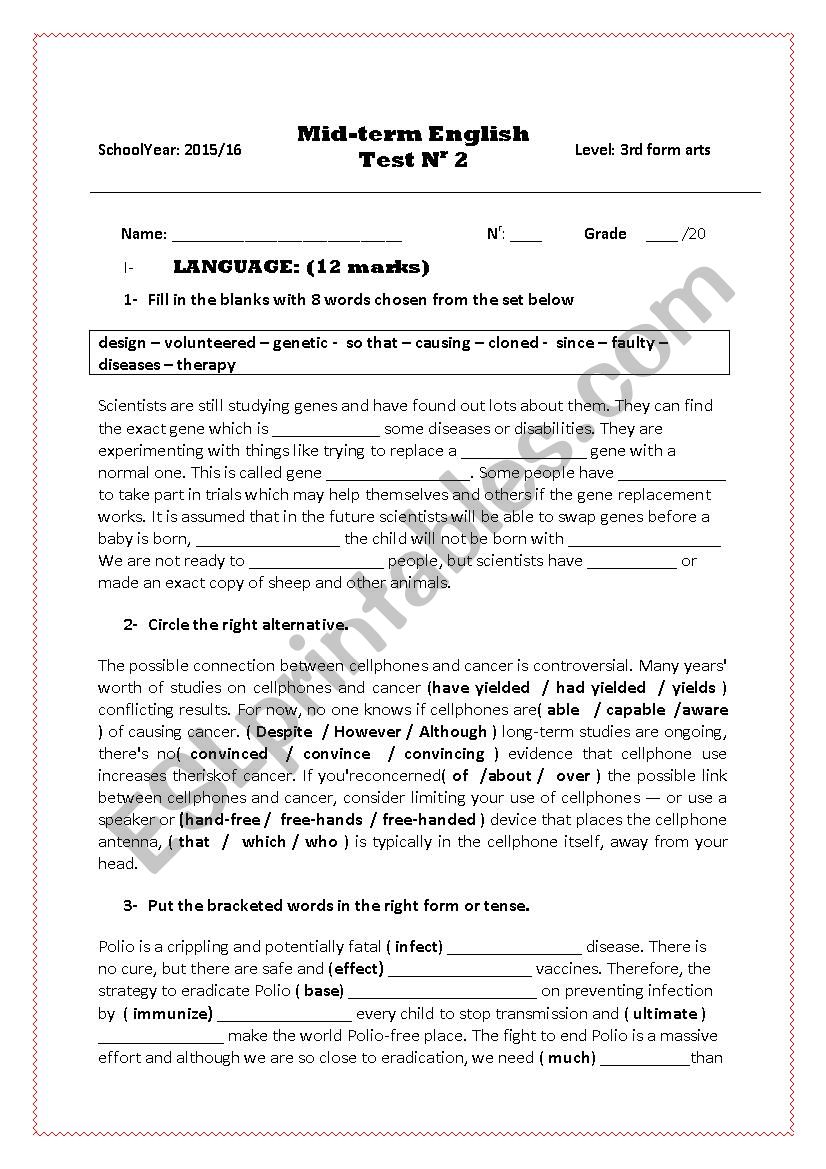 mid-term test2 3rd form arts worksheet