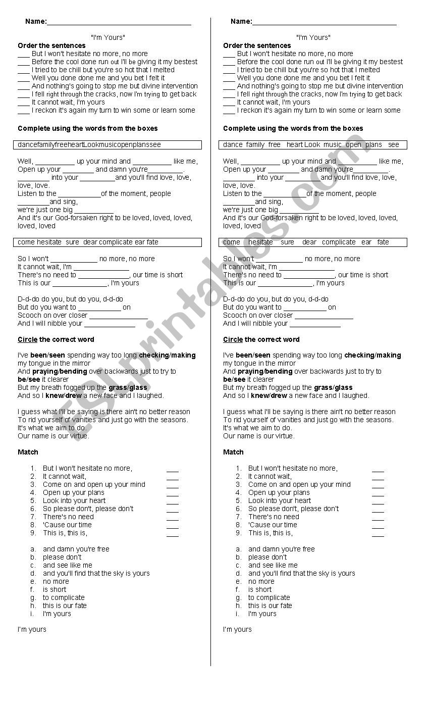 Im yours - Bruno Mars worksheet