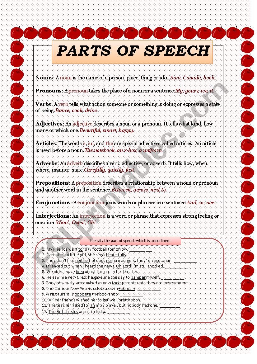 Parts of speech worksheet