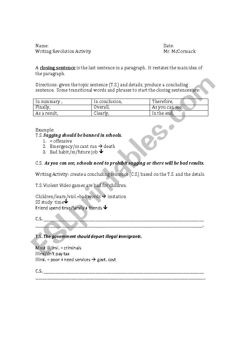 Outline Writing worksheet